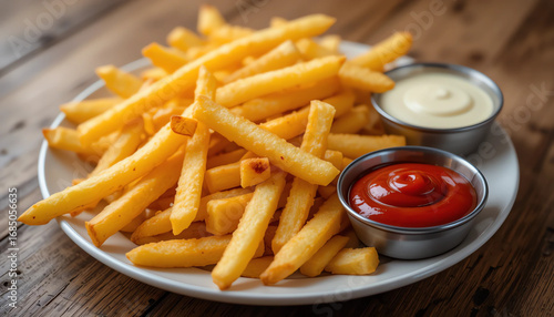 Close-up of crispy french fries with ketchup and mayonnaise dips on wooden
