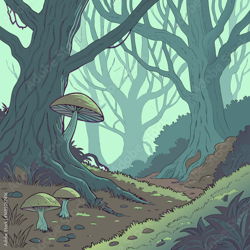 Enchanted forest path with large mushrooms and ancient trees in a mystical green haze