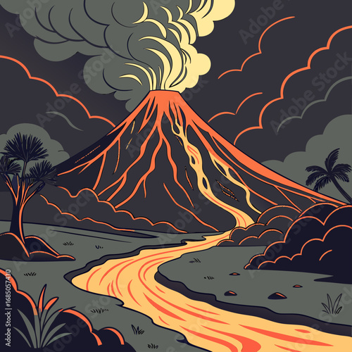 Dramatic volcano eruption with flowing lava and ash cloud in a stylized landscape