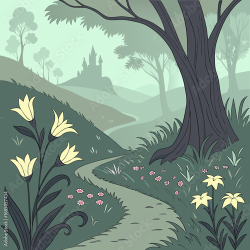 Enchanting forest path leading to a distant fairytale castle shrouded in mist and surrounded by trees and flowers
