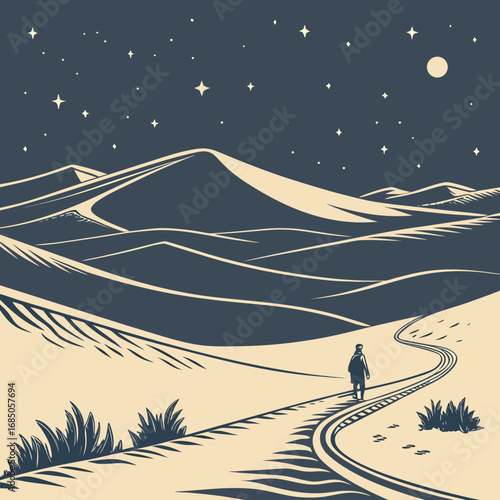 Lone traveler walks on a winding path through desert dunes under a starry night sky
