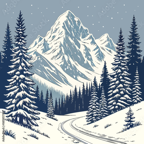 Scenic winter landscape with snow covered mountains and pine trees along a winding road