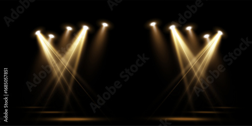 Vector Stage Lighting Effects Set of Concert Spotlights with Glowing Beams, Realistic Light Sources for Event Designs, Party Posters, Web Banners and Transparent Background Use