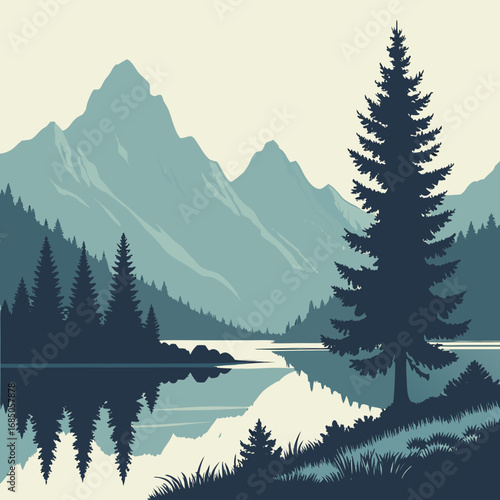 Serene mountain landscape with lake and pine tree silhouette