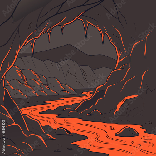 Stylized illustration of a dark cave with a glowing orange lava river flowing through it