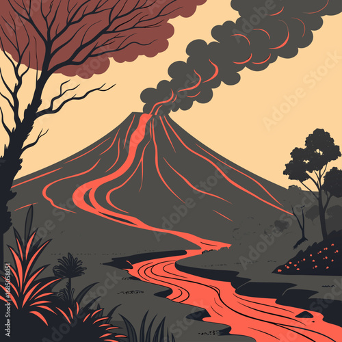 Stylized illustration of a volcano erupting with lava flows and smoke against a warm sky