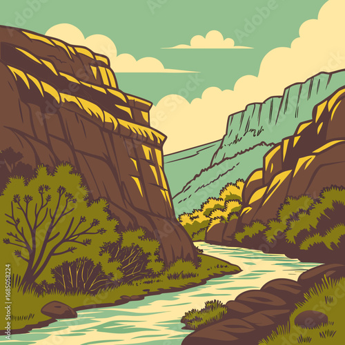 Stylized vintage illustration of a winding river flowing through a canyon with steep cliffs and green foliage under a cloudy sky