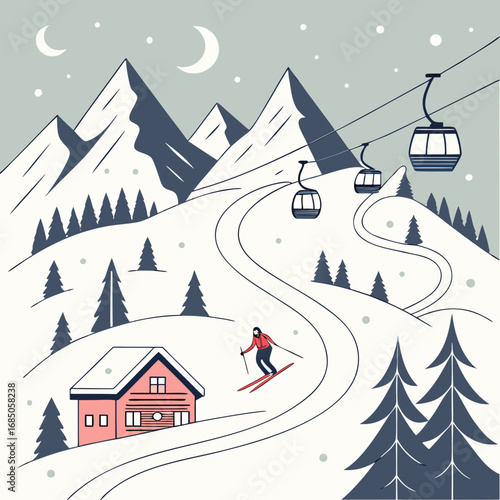 Stylized winter mountain landscape with a skier ski lift and cozy cabin under a crescent moon