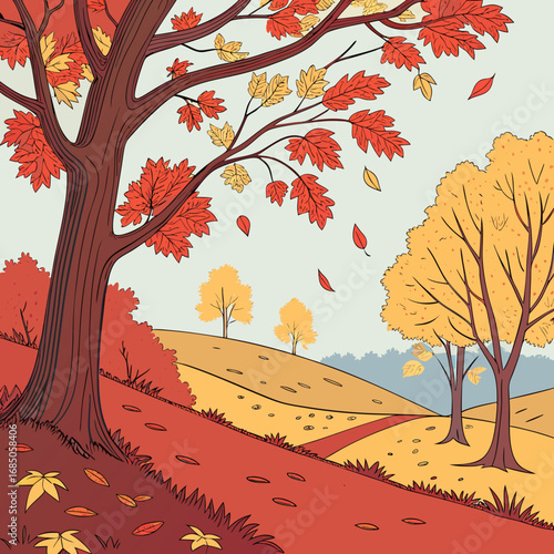 Vibrant autumn landscape with colorful trees and falling leaves on a gentle hillside
