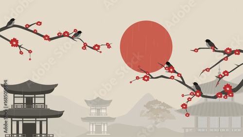 Mountain landscape with Asian pagoda, cherry blossom trees and sunset shrouded in fog. Vector illustration of beautiful landscape with pagoda and mountains at sunset.