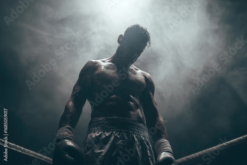 Sweaty muscular boxer in dramatic lighting standing in boxing ring with intense atmosphere and emotional focus after a fight
