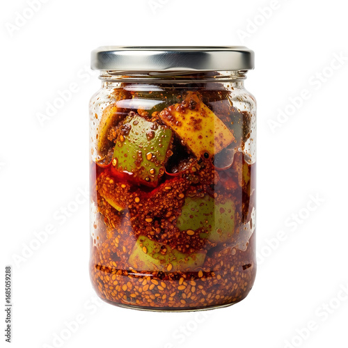 Photo of a glass jar filled with spicy mango pickle, showcasing chunks of green mangoes in a rich, red, oilbased marinade with spices, isolated on a transparent background