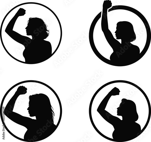 Four circular silhouettes of women raising fists in solidarity and strength