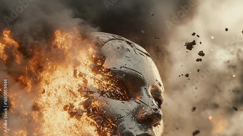 Artificial intelligence face exploding in dramatic scene