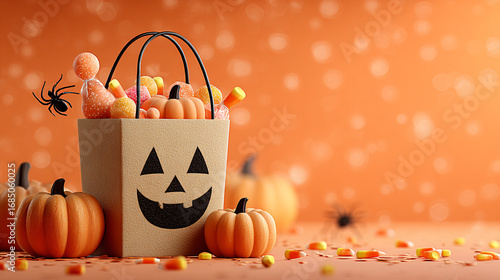 Halloween background of a paper trick-or-treat bag overflowing with candy. - Festive and fun holiday vibe.