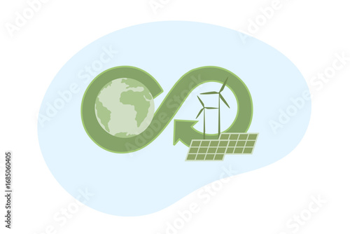 Circular economy concept, global with circular economy icon, wind turbines and solar panel. Sustainable strategy of eliminate waste, renewable and reuse natural resources vector illustration