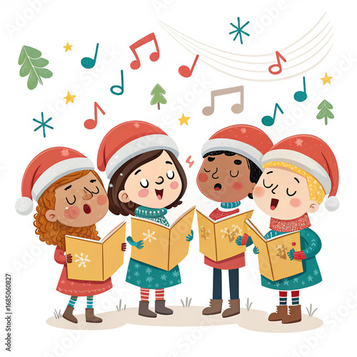 Wallpaper Mural Diverse Children Singing Christmas Carols with Santa Hats – Holiday Choir Illustration Torontodigital.ca