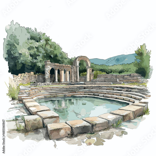 Butrint. Butrint watercolor vector illustration