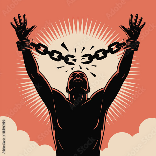 Man breaking chains with arms raised in triumph and freedom
