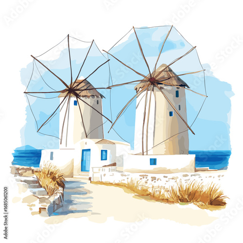 Mykonos Windmills. Mykonos Windmills watercolor vector illustration