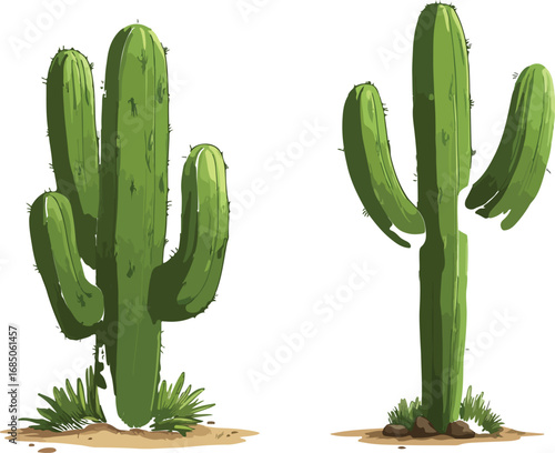 Two tall green saguaro cacti standing proudly in a desert landscape on a white background