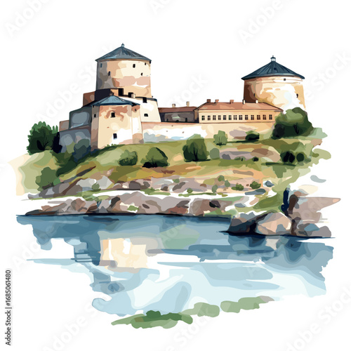 Suomenlinna Fortress. Suomenlinna Fortress watercolor vector illustration