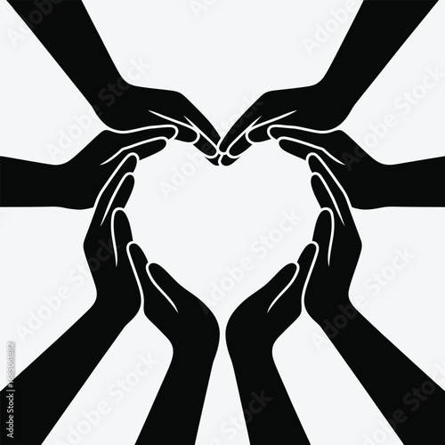 Multiple hands forming a heart shape in a gesture of unity and love