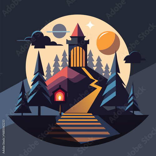 Enchanting night landscape with castle and celestial bodies