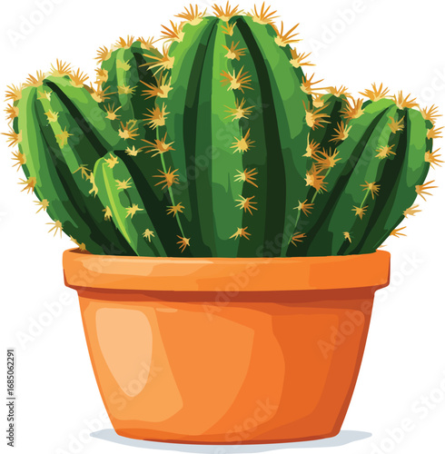Vibrant green cactus plant with spines growing in a terracotta pot isolated on white
