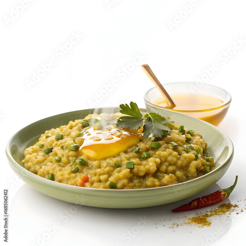 A wholesome plate of mung bean khichdi, gently spiced and topped with ghee a nourishing,