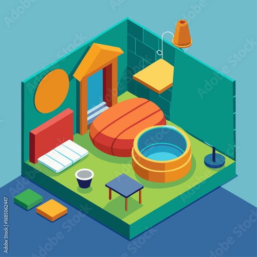 Cozy isometric room with hot tub and relaxing furniture