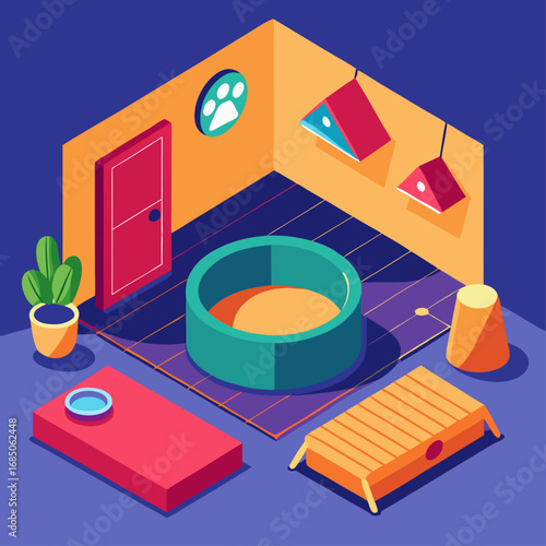 Cozy isometric pet playroom with modern furniture and paw print decor