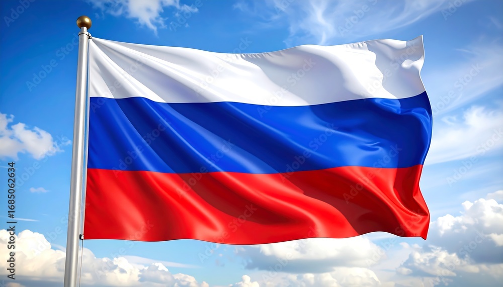 Naklejka premium Russian flag waving in a bright blue sky