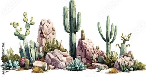 Vibrant desert landscape illustration featuring saguaro cacti prickly pear and rocky formations on a white background