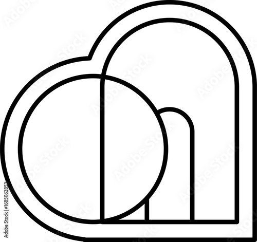Minimalist vector icon depiction of an empty tomb with the stone rolled away, Easter symbolizing logo the resurrection of Jesus Christ in christian faith geometric shapes forming a heart symbol