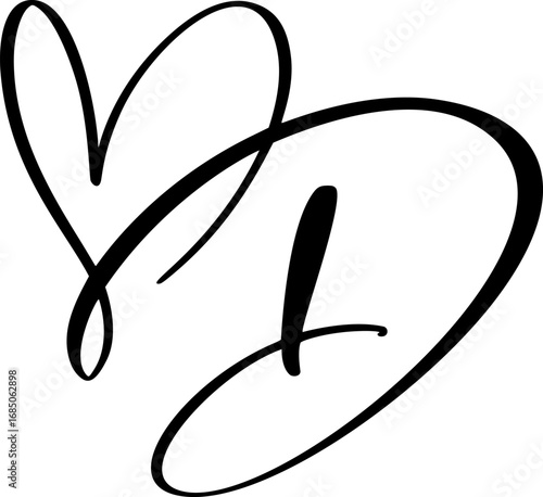 Hand drawn vector calligraphy love letter D. Vintage heart monogram. Script capital font logo