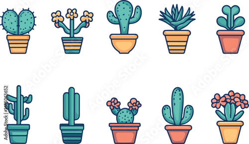 Collection of ten colorful potted succulent and cactus plants in flat design style