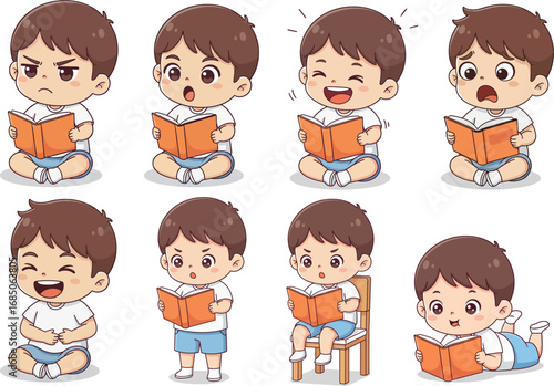 Cartoon boy reading a book expressing various emotions, including anger, surprise, joy, sadness, and happiness.