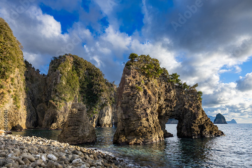 View of strangely shaped rocks on the Ushima coast in Nishiizu, Japan.