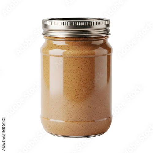 Photo of a glass jar filled with creamy almond butter, a healthy spread made from ground almonds, isolated on transparent background