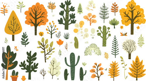 Collection of stylized autumn trees and desert plants in a whimsical flat illustration style