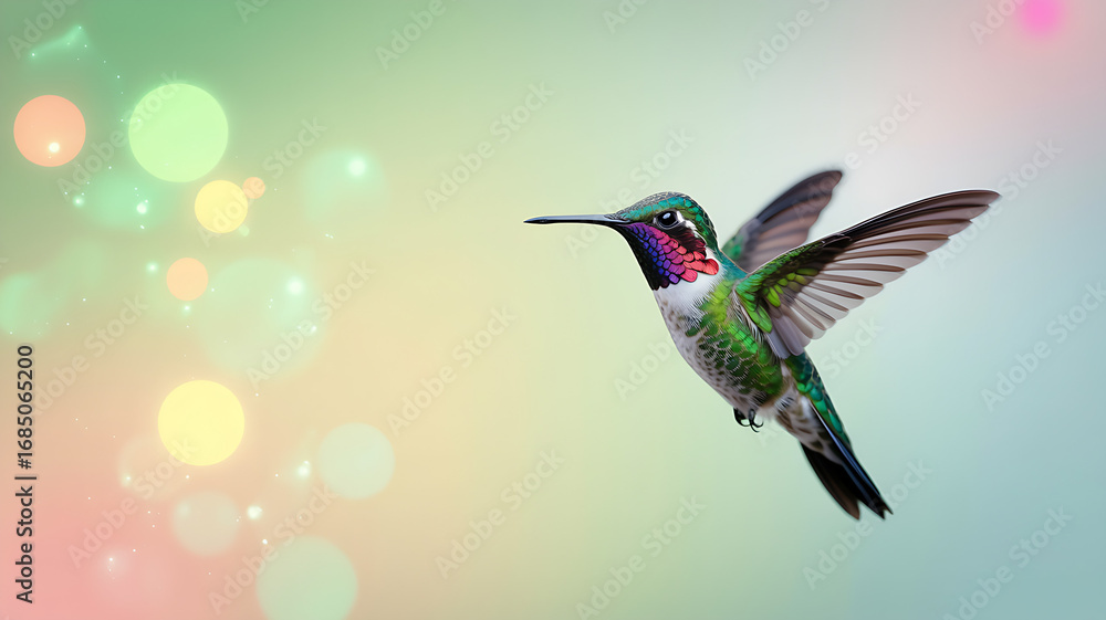 Fototapeta premium The text describes a soft pastel bokeh background with glowing light circles in shades of green, yellow, and white, complemented by sparkles and a dreamy gradient effect.