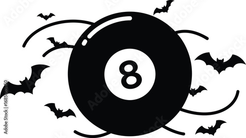 A black and white illustration of an eight ball with bats and curved lines around it in the background
