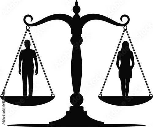 Scales of justice balancing male and female silhouettes representing equality