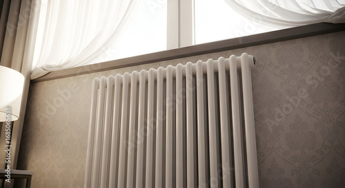 Wallpaper Mural White radiator stands against a textured wall below a bright window with sheer curtains. Torontodigital.ca