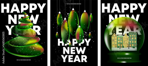 Happy new year. 3d glass round shape crystal elements. Transparent circle plate, disk, lens as christmas tree, toys and snow globe. gradient with glass morphism effect. Vector illustration for cards