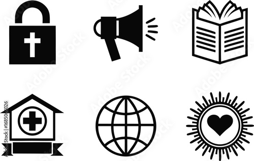 Set of christian faith and service icons including a lock megaphone book hospital globe and heart