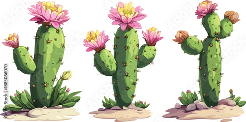 Three vibrant green cacti with delicate pink and yellow blossoms blooming in a desert landscape