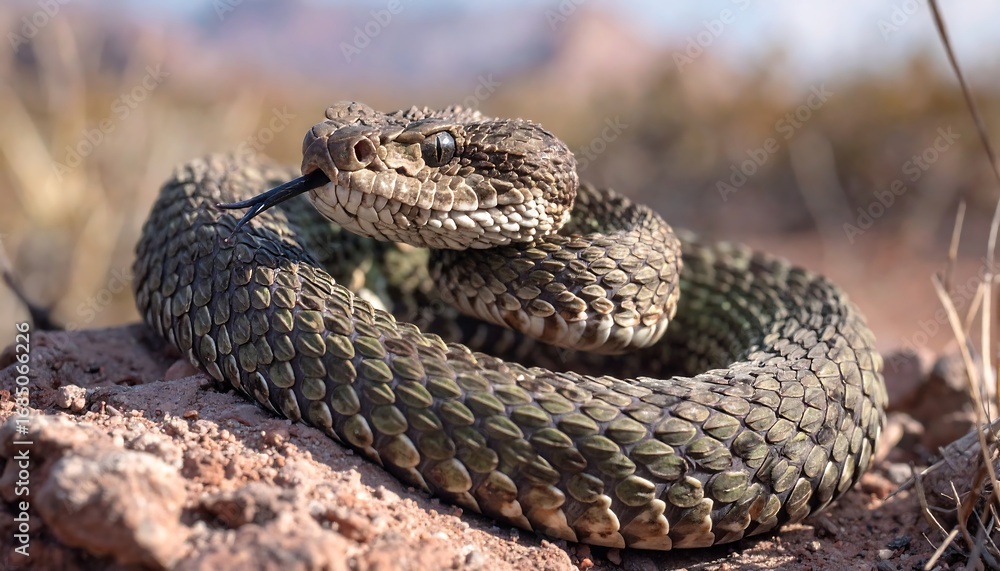 Fototapeta premium Rattlesnake coiled on desert ground