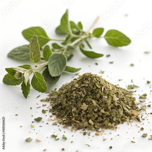 Fresh and dried oregano herb and spice, isolated on a white background, Photorealistic image - Generative AI
